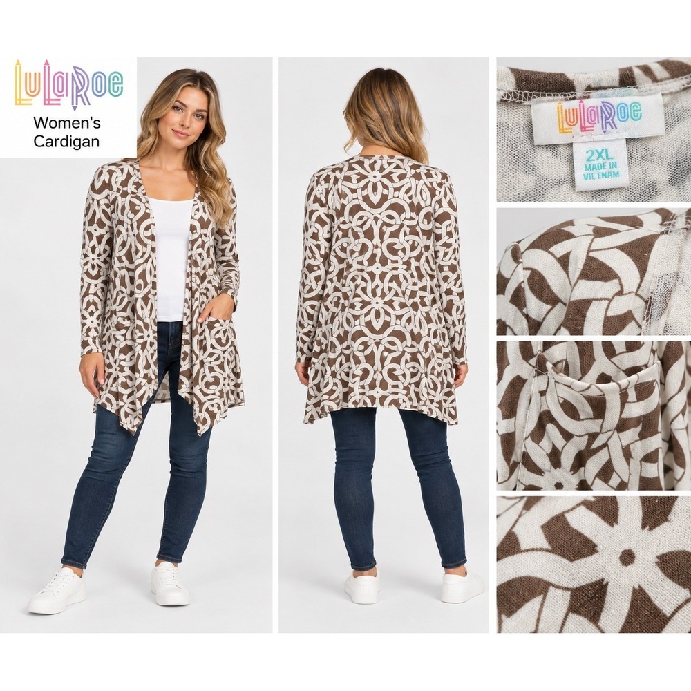 LuLaRoe Cardigan Women 2XL Brown Geometric Excellent Boho Casual Chic Pockets